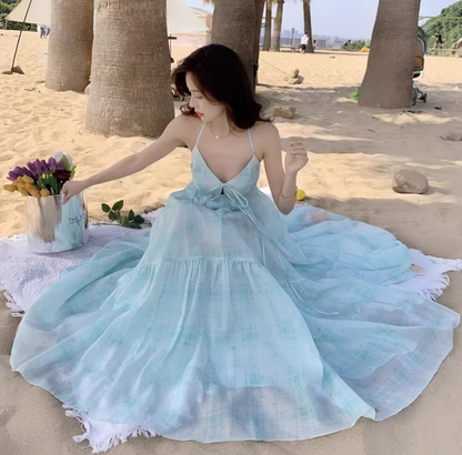 Summer Beach Floral Print Ruffles Hem Maxi Dress Gentle Spaghetti Strap Long Dress AP0578