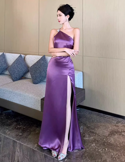 Feast Elegant One Shoulder Strap Maxi Dress High-Slip Sheen Fabric Long Dress AP0579