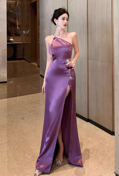 Feast Elegant One Shoulder Strap Maxi Dress High-Slip Sheen Fabric Long Dress AP0579