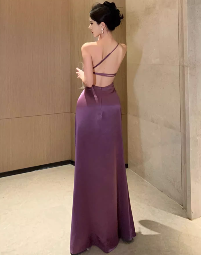 Feast Elegant One Shoulder Strap Maxi Dress High-Slip Sheen Fabric Long Dress AP0579