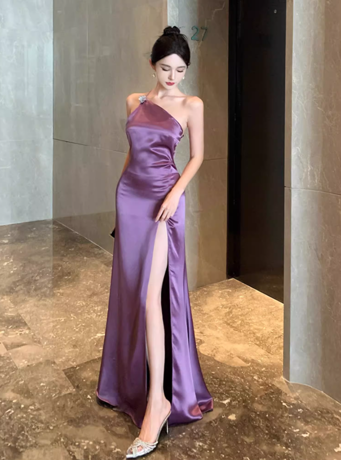 Feast Elegant One Shoulder Strap Maxi Dress High-Slip Sheen Fabric Long Dress AP0579