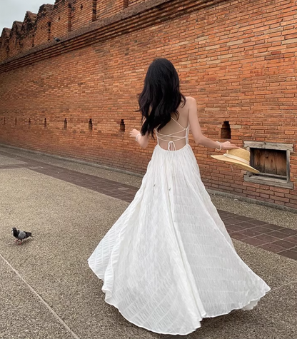 Elegant Waist-Cinching Vacation Outfit Maxi Dress Open-Back Tie-Back Halter Long Dress AP0580