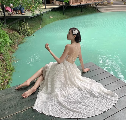 Elegant Waist-Cinching Vacation Outfit Maxi Dress Open-Back Tie-Back Halter Long Dress AP0580