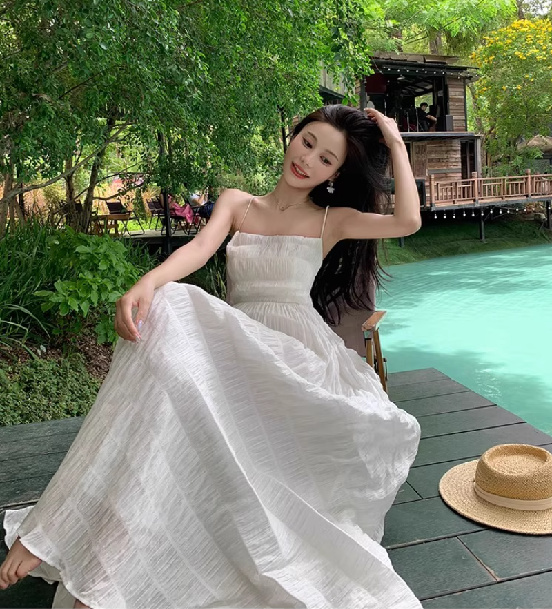 Elegant Waist-Cinching Vacation Outfit Maxi Dress Open-Back Tie-Back Halter Long Dress AP0580