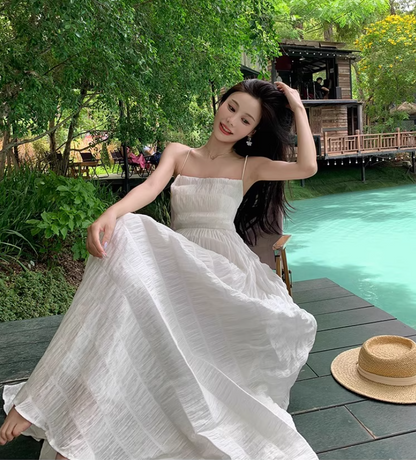 Elegant Waist-Cinching Vacation Outfit Maxi Dress Open-Back Tie-Back Halter Long Dress AP0580