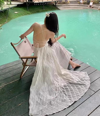 Elegant Waist-Cinching Vacation Outfit Maxi Dress Open-Back Tie-Back Halter Long Dress AP0580