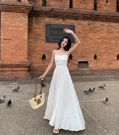 Elegant Waist-Cinching Vacation Outfit Maxi Dress Open-Back Tie-Back Halter Long Dress AP0580