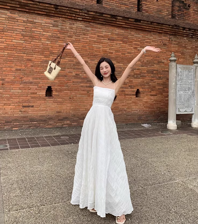 Elegant Waist-Cinching Vacation Outfit Maxi Dress Open-Back Tie-Back Halter Long Dress AP0580