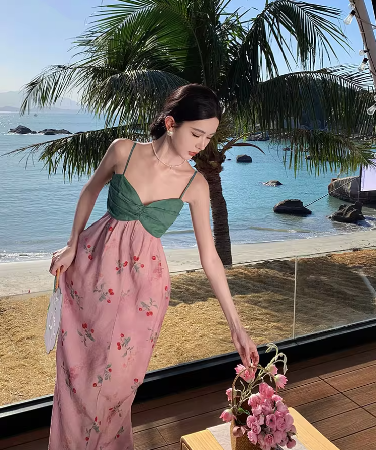 Unique Beach Fruit Print Colorblock Slit Maxi Dress Vibrant Style Spaghetti Strap Long Dress AP0581