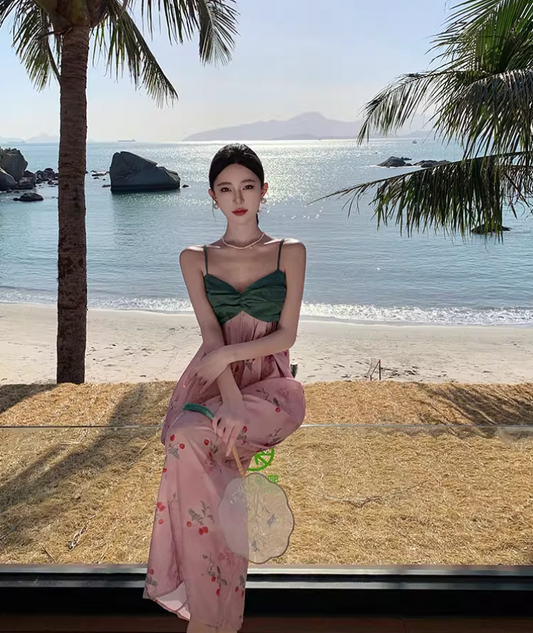 Unique Beach Fruit Print Colorblock Slit Maxi Dress Vibrant Style Spaghetti Strap Long Dress AP0581