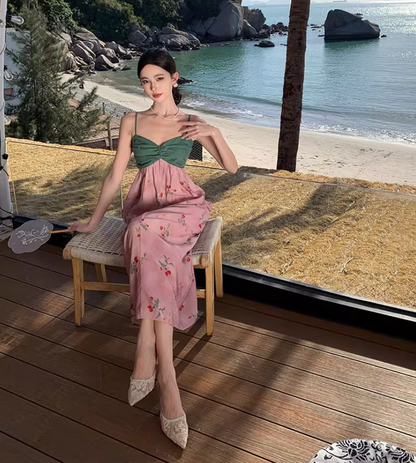 Unique Beach Fruit Print Colorblock Slit Maxi Dress Vibrant Style Spaghetti Strap Long Dress AP0581