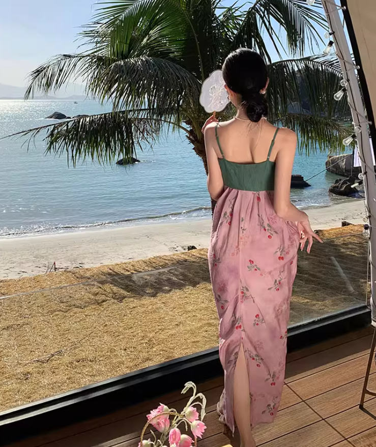 Unique Beach Fruit Print Colorblock Slit Maxi Dress Vibrant Style Spaghetti Strap Long Dress AP0581