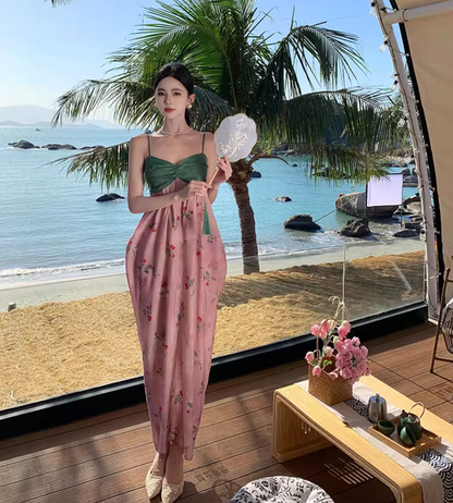 Unique Beach Fruit Print Colorblock Slit Maxi Dress Vibrant Style Spaghetti Strap Long Dress AP0581