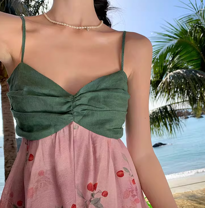 Unique Beach Fruit Print Colorblock Slit Maxi Dress Vibrant Style Spaghetti Strap Long Dress AP0581