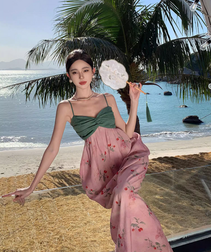 Unique Beach Fruit Print Colorblock Slit Maxi Dress Vibrant Style Spaghetti Strap Long Dress AP0581