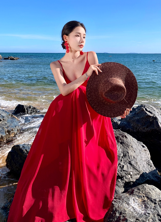 Unique Red Backless Beach Elegant Resort Wear Spaghetti Strap Vacation Long Dress AP0582