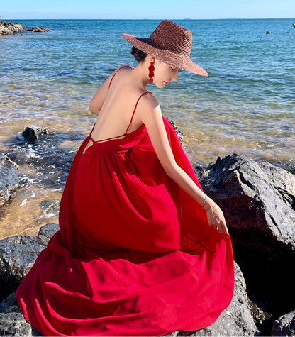 Unique Red Backless Beach Elegant Resort Wear Spaghetti Strap Vacation Long Dress AP0582