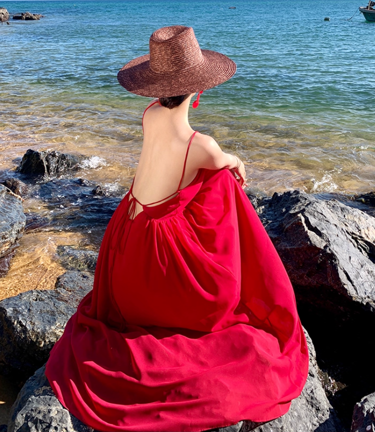Unique Red Backless Beach Elegant Resort Wear Spaghetti Strap Vacation Long Dress AP0582