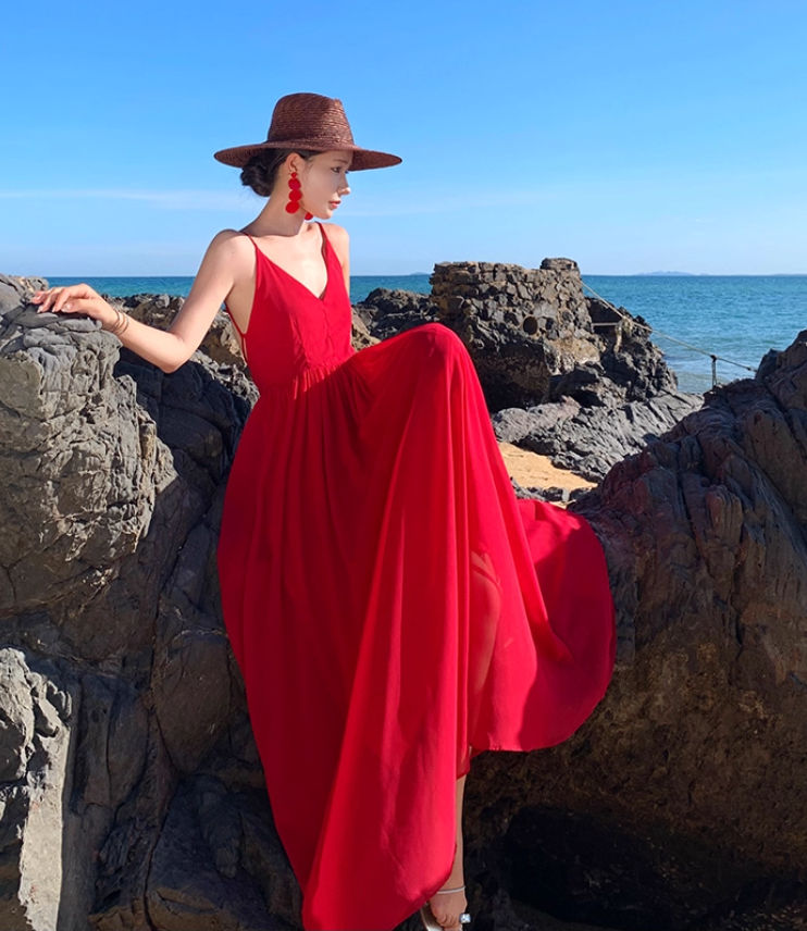 Unique Red Backless Beach Elegant Resort Wear Spaghetti Strap Vacation Long Dress AP0582