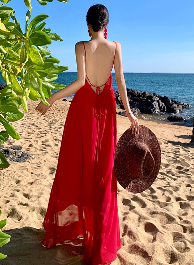Unique Red Backless Beach Elegant Resort Wear Spaghetti Strap Vacation Long Dress AP0582