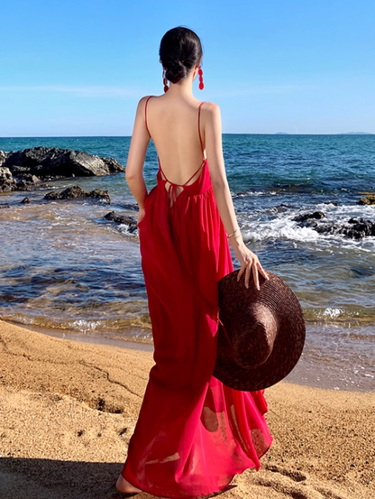 Unique Red Backless Beach Elegant Resort Wear Spaghetti Strap Vacation Long Dress AP0582