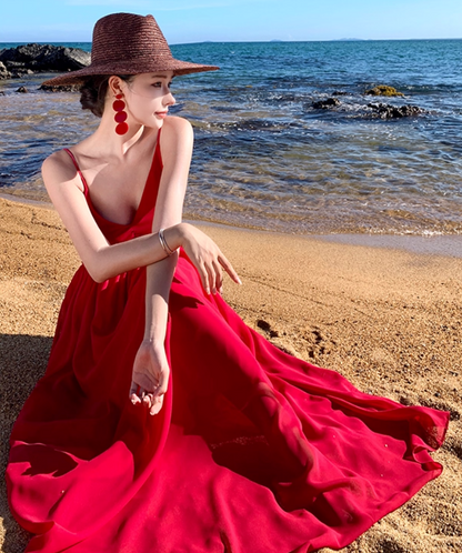 Unique Red Backless Beach Elegant Resort Wear Spaghetti Strap Vacation Long Dress AP0582