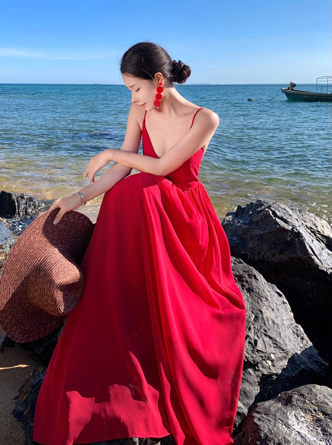 Unique Red Backless Beach Elegant Resort Wear Spaghetti Strap Vacation Long Dress AP0582