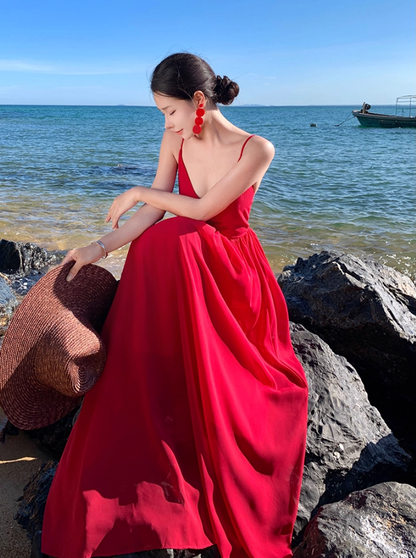 Unique Red Backless Beach Elegant Resort Wear Spaghetti Strap Vacation Long Dress AP0582