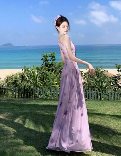 Exotic Tie-Dye One Shoulder Strap Maxi Dress Open-Waist Stretch Mesh Long Dress AP0583