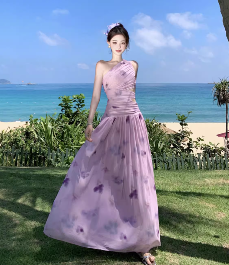 Exotic Tie-Dye One Shoulder Strap Maxi Dress Open-Waist Stretch Mesh Long Dress AP0583