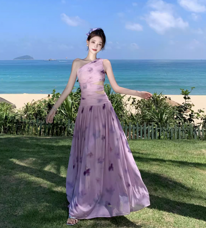 Exotic Tie-Dye One Shoulder Strap Maxi Dress Open-Waist Stretch Mesh Long Dress AP0583