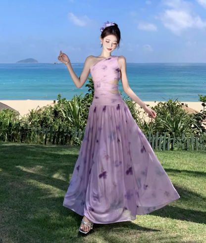 Exotic Tie-Dye One Shoulder Strap Maxi Dress Open-Waist Stretch Mesh Long Dress AP0583