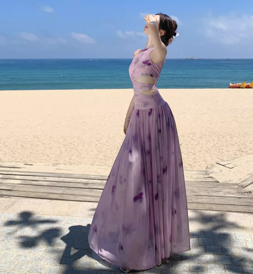 Exotic Tie-Dye One Shoulder Strap Maxi Dress Open-Waist Stretch Mesh Long Dress AP0583