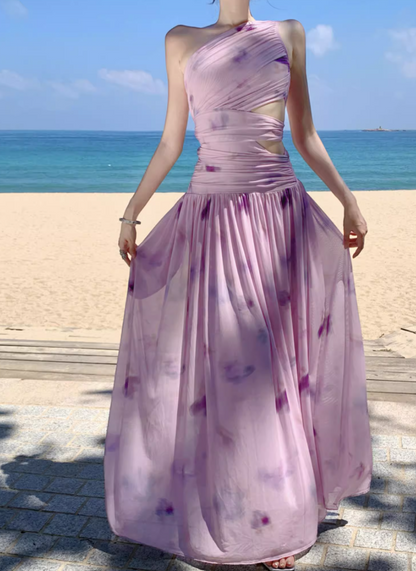 Exotic Tie-Dye One Shoulder Strap Maxi Dress Open-Waist Stretch Mesh Long Dress AP0583