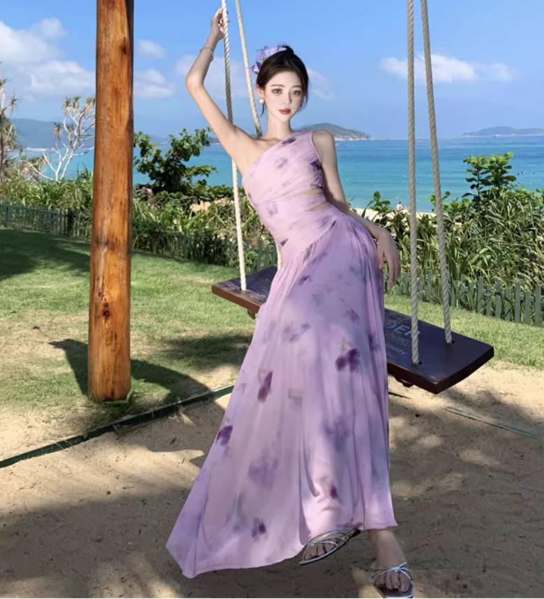 Exotic Tie-Dye One Shoulder Strap Maxi Dress Open-Waist Stretch Mesh Long Dress AP0583