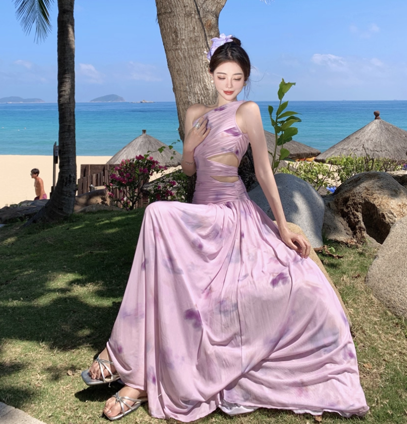 Exotic Tie-Dye One Shoulder Strap Maxi Dress Open-Waist Stretch Mesh Long Dress AP0583