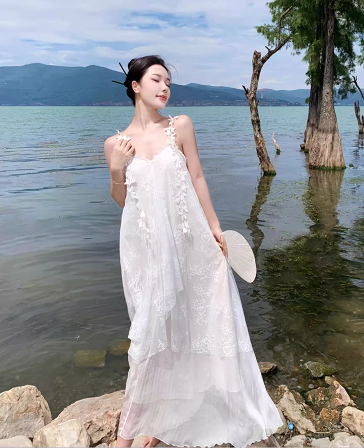 Floral Print Unique Tulle Trimmed Slip Dress Spaghetti Strap Backless Flowy Long Dress AP0584