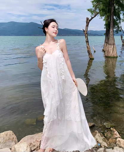 Floral Print Unique Tulle Trimmed Slip Dress Spaghetti Strap Backless Flowy Long Dress AP0584