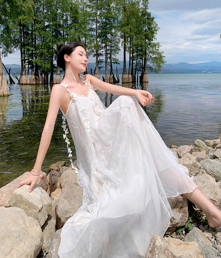 Floral Print Unique Tulle Trimmed Slip Dress Spaghetti Strap Backless Flowy Long Dress AP0584