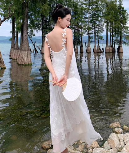 Floral Print Unique Tulle Trimmed Slip Dress Spaghetti Strap Backless Flowy Long Dress AP0584