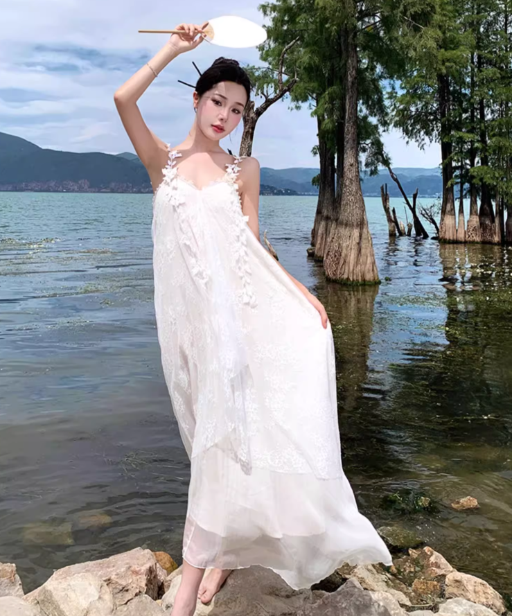 Floral Print Unique Tulle Trimmed Slip Dress Spaghetti Strap Backless Flowy Long Dress AP0584