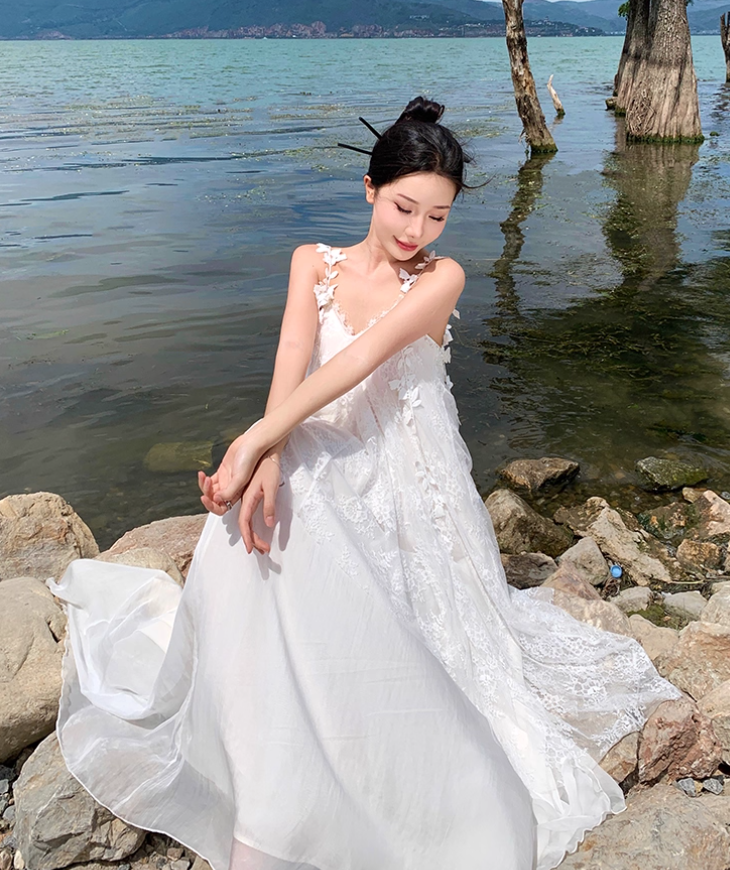 Floral Print Unique Tulle Trimmed Slip Dress Spaghetti Strap Backless Flowy Long Dress AP0584