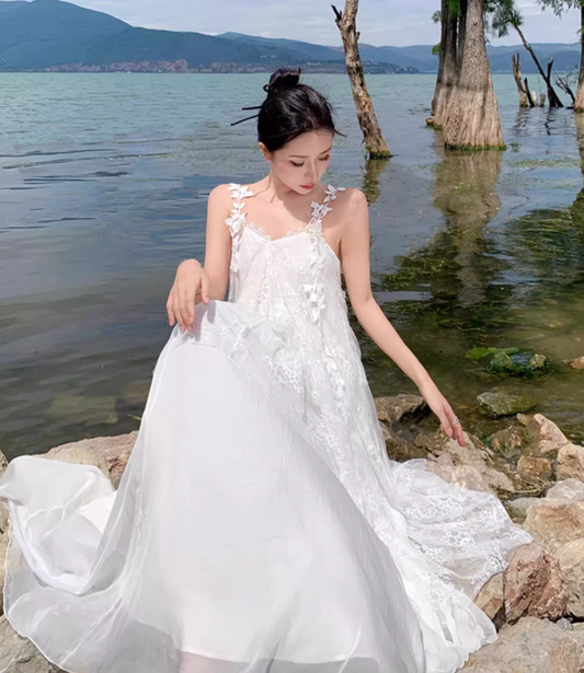 Floral Print Unique Tulle Trimmed Slip Dress Spaghetti Strap Backless Flowy Long Dress AP0584