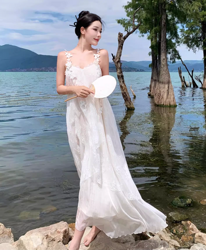 Floral Print Unique Tulle Trimmed Slip Dress Spaghetti Strap Backless Flowy Long Dress AP0584