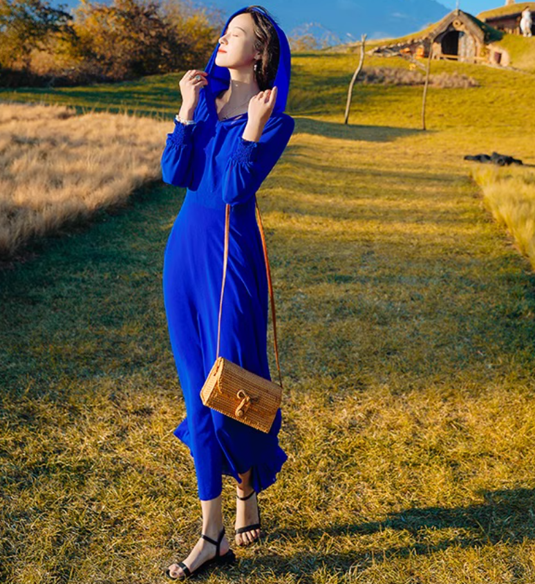 Bohemian Hooded Maxi Dress Strapless Long Sleeve Vacation Travel Long Dress AP0585