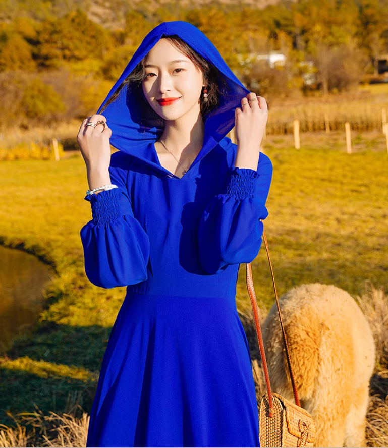 Bohemian Hooded Maxi Dress Strapless Long Sleeve Vacation Travel Long Dress AP0585