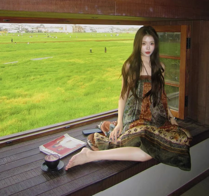 Vintage Oversize Floral Print Maxi Dress Simple Dopamine Vacation Outfit Long Dress AP0586