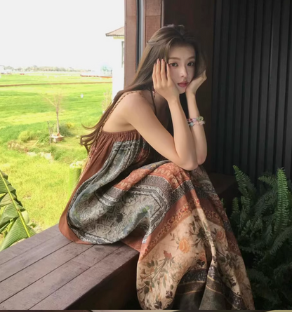 Vintage Oversize Floral Print Maxi Dress Simple Dopamine Vacation Outfit Long Dress AP0586