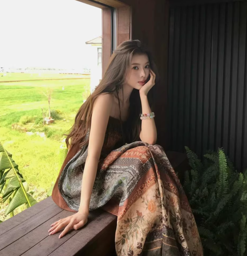 Vintage Oversize Floral Print Maxi Dress Simple Dopamine Vacation Outfit Long Dress AP0586