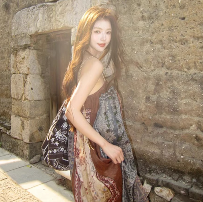 Vintage Oversize Floral Print Maxi Dress Simple Dopamine Vacation Outfit Long Dress AP0586